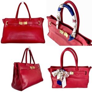 Red Pebbled Leather Large Handbag by Onna Ehrlich Gold Metallic Trim and Scarf